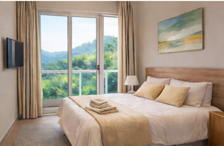 Kitnet para temporada em Ubatuba com quarto aconchegante, boa iluminação e excelente localização.